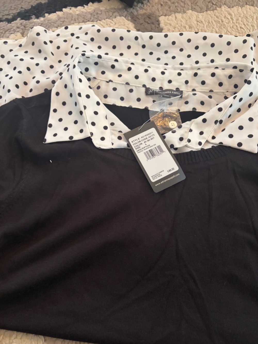 Adrianna Papell Black Sweater with White Polka Dot Collar